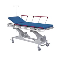 Emergency stretcher trolley: Hydraulic height adjustment, painted steel, folding side rails, IV pole holder, and directional control (available colors)